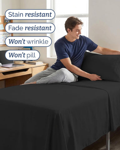 Twin XL 3 Piece Sheet Set - College Dorm Room Essentials - Black