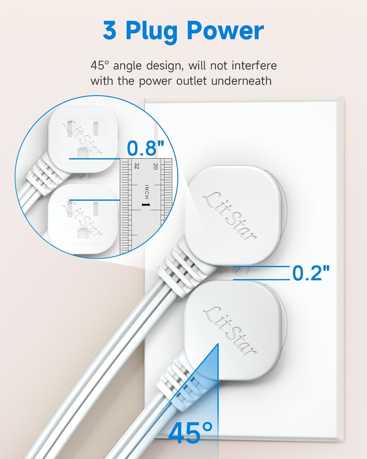 Flat Plug 1Ft Short Extension Cord, White 90-Degree Plug Low Profile Power Adapter, 3-Prong Indoor Grounded Small Extension Cord 16AWG 13A 1625W 1 Pack