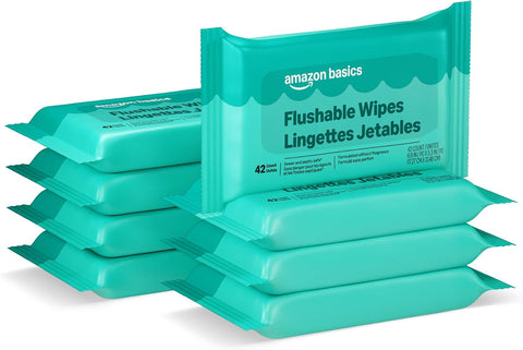 Amazon Basics Flushable Adult Toilet Wipes, Fragrance Free, 42 Count (Pack of 8) (Total 336 wipes) (Previously Solimo), Packaging May Vary