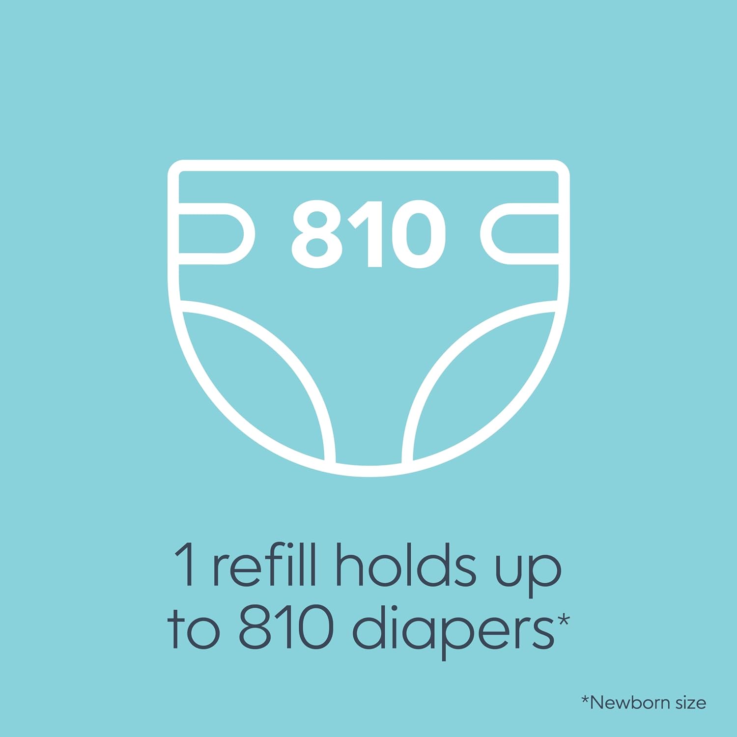Diaper Genie Jumbo Square Refill, with continuous film, can hold up to 810 newborn-sized diapers per refill.