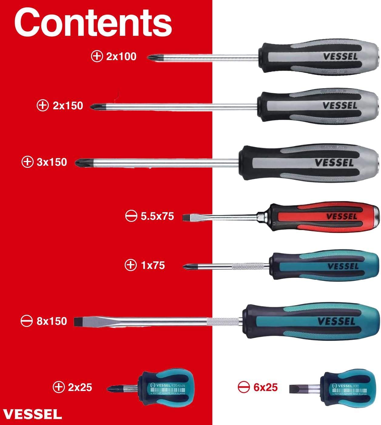 VESSEL MEGADORA IMPACTA Assorted Screwdriver 8 PC. Set