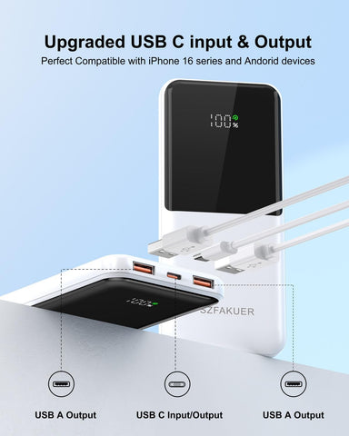 Portable Charger,Slim 10000mAh Power Bank,22.5W USB-C Fast Charging Battery Pack Compatible with iPhone 17/16/15/14/13/12 Pro Samsung Galaxy, iPad, AirPods, Android Tablets (White)