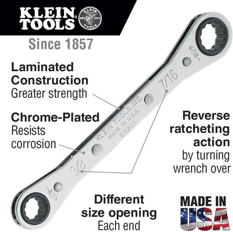 Klein Tools 68204 Ratcheting Box Wrench, Made in USA, 5/8-Inch x 3/4-Inch with Reverse Ratcheting and Chrome Plated Finish