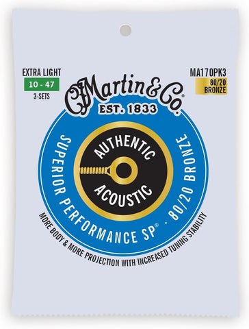 Martin Authentic Acoustic Guitar Strings, Superior Performance Extra Light 10-47 80/20 Bronze, 3 Pack