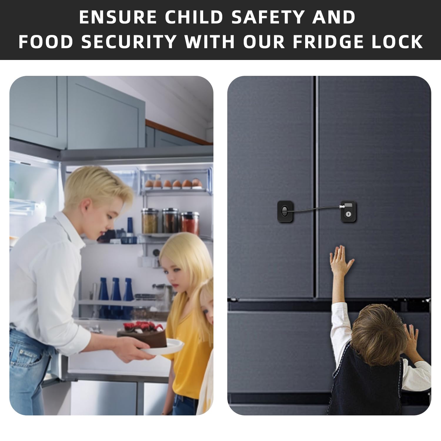 RORMGO Refrigerator Lock 2 Packs, Fridge Lock with Silicone Wire Protection Fridge Locks for Kids Easy to Use and Install Cabinet Locks with Key, Black
