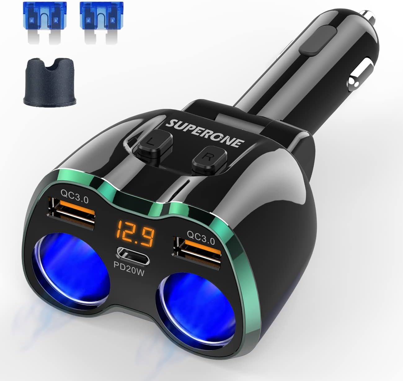 SUPERONE 180W 2-Socket Cigarette Lighter Splitter with QC3.0 & 20W PD USB C
