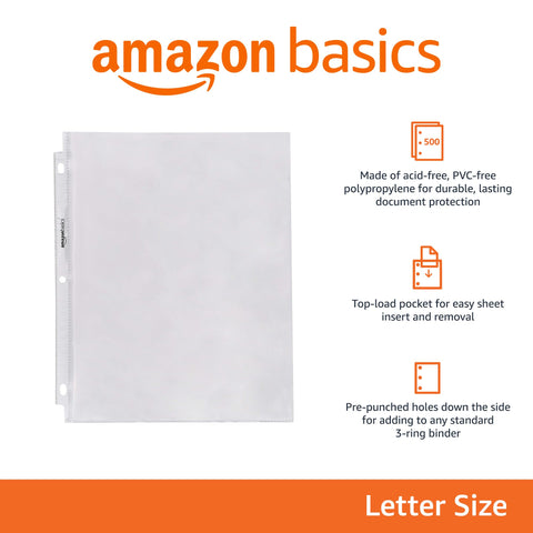 Amazon Basics Clear Sheet Protector for 3 Ring Binder, 8.5" x 11" - 500-Pack