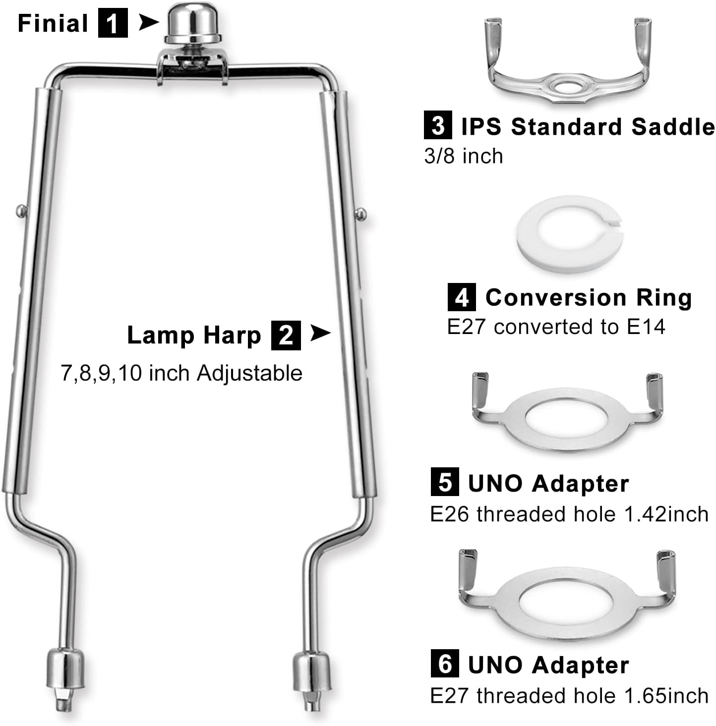 Lamp Harp Kit, 7 8 9 10 inch Adjustable Lamp Shade Holder, Hardware Parts Included Harp Frame and Finials, Standard Saddle, E14 E26 E27 Light Base UNO Fitter Adapter, Lamp Bracket Accessories (Silver)