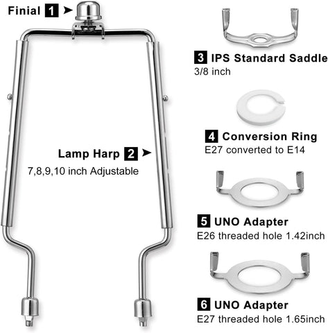 Lamp Harp Kit, 7 8 9 10 inch Adjustable Lamp Shade Holder, Hardware Parts Included Harp Frame and Finials, Standard Saddle, E14 E26 E27 Light Base UNO Fitter Adapter, Lamp Bracket Accessories (Silver)