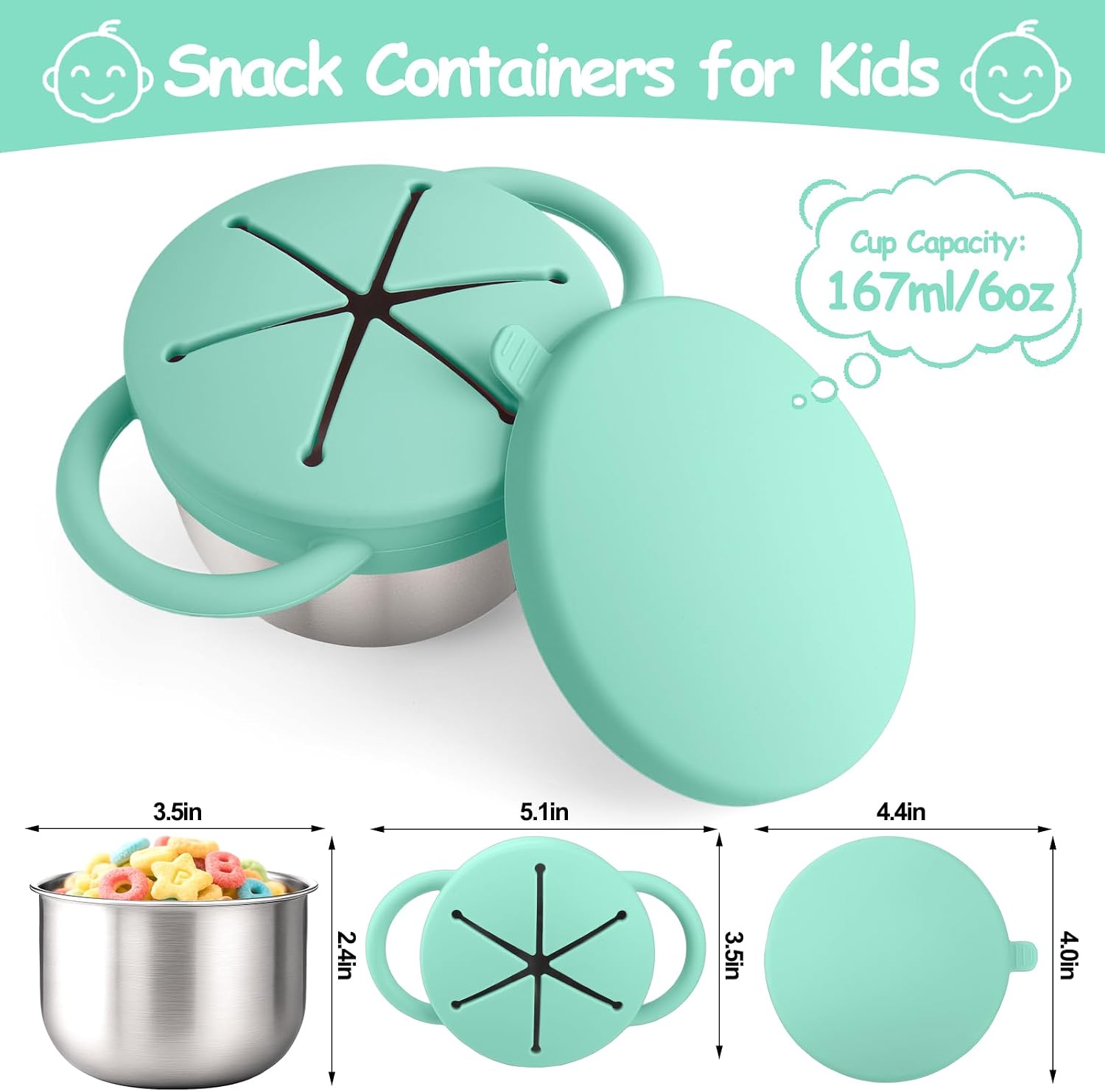 Mity rain Stainless Steel Snack Containers for Toddlers with Spill-Proof Silicone Lids Handles - 3-in-1 Baby Snack Cups, No-Spill Toddler Snack Box (Green, One piece set)