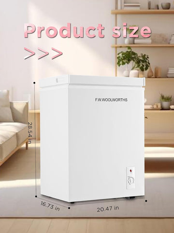F.W.WOOLWORTHS 3.5 Cu.Ft Chest Freezer with Removable Basket, Deep Freezer Adjustable 7 Thermostat, Compact Freezer for Kitchen, House, Office, Garage, Basement, RVs-White