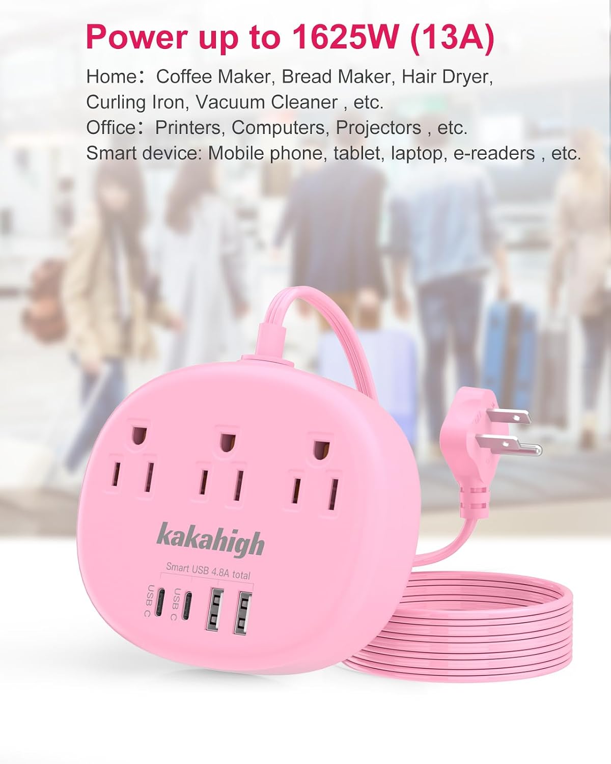 Pink Extension Cord with USB C - 5 FT Kawaii Power Strip