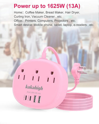 Pink Extension Cord with USB C - 5 FT Kawaii Power Strip