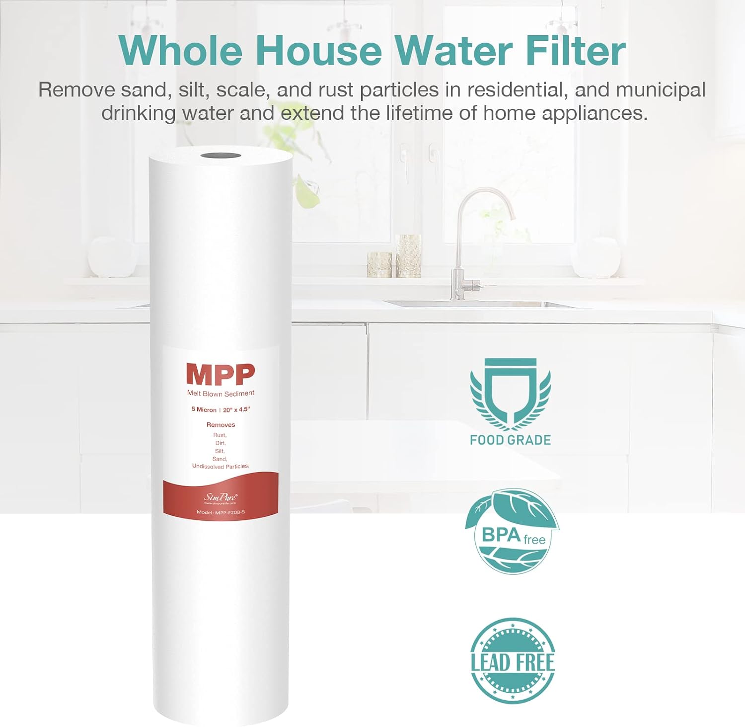 SimPure 5 Micron 20" x 4.5" Whole House Sediment Water Filter Cartridge