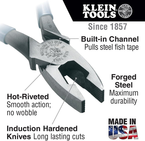 Klein Tools D2000-9NETP Lineman's Fish Tape Pulling Pliers, Made in USA, High Leverage Design with Handle Tempering for comfort when Cutting, 9-Inch