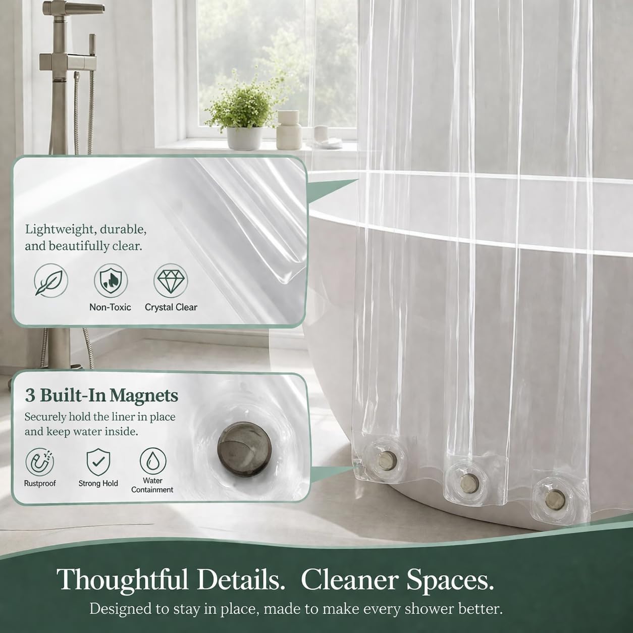 EHZNZIE Crystal Clear Shower Curtain Liner 72x72, PEVA Waterproof Bath Curtain, No Chemical Smell, 3 Weighted Magnets, Durable with Rustproof Metal Grommets