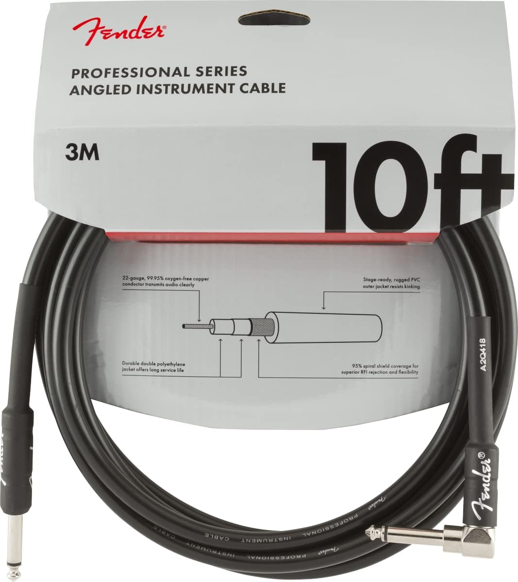 Fender Professional Series Instrument Cable, Straight/Angle, Black, 10ft