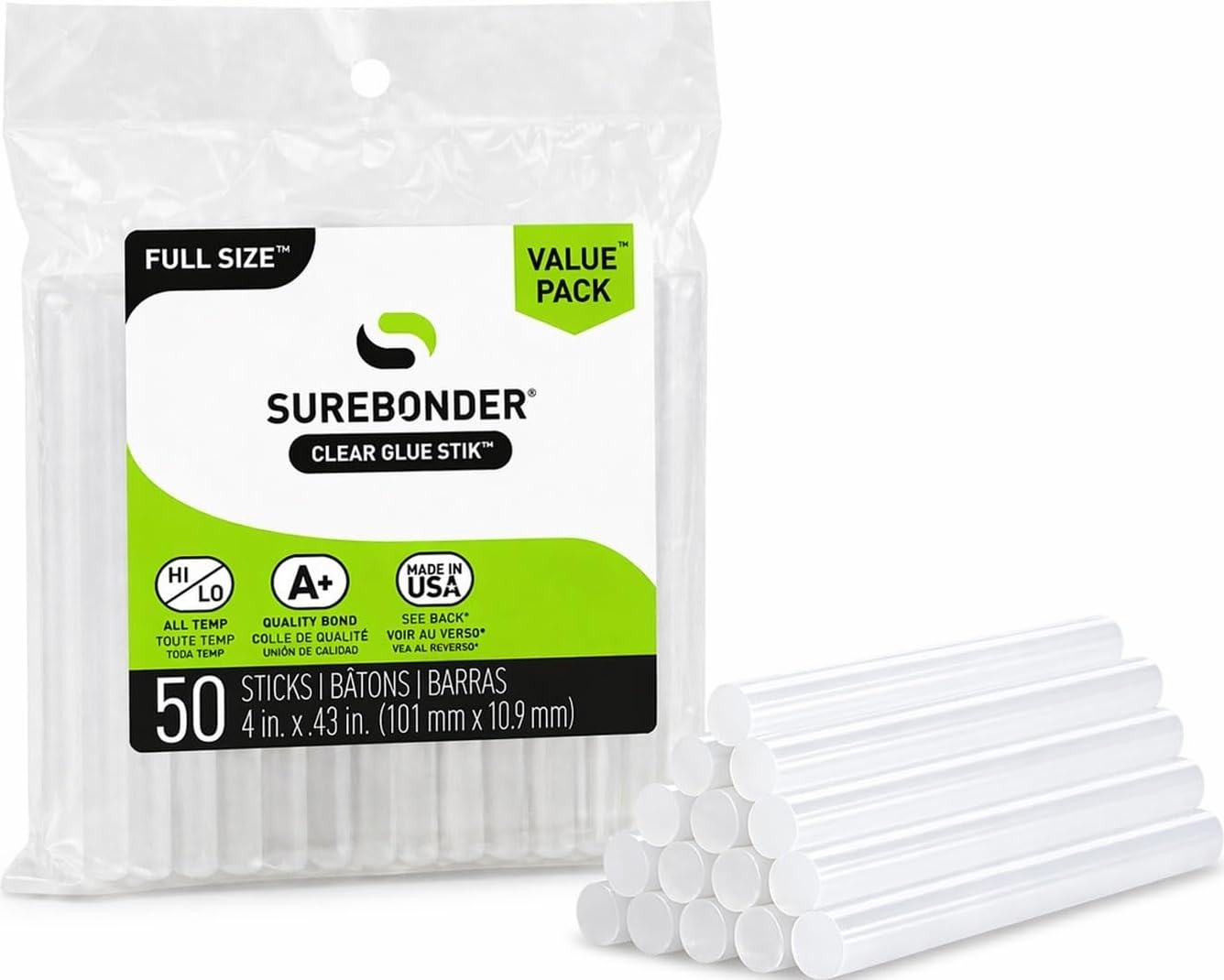 Surebonder Full Size Hot Glue Sticks 50-Pack, Clear, Non-Toxic, Multi-Temp, 4-Inch x 0.43-Inch for Full Size Glue Guns, DIY, Arts, Crafts & Home Repairs
