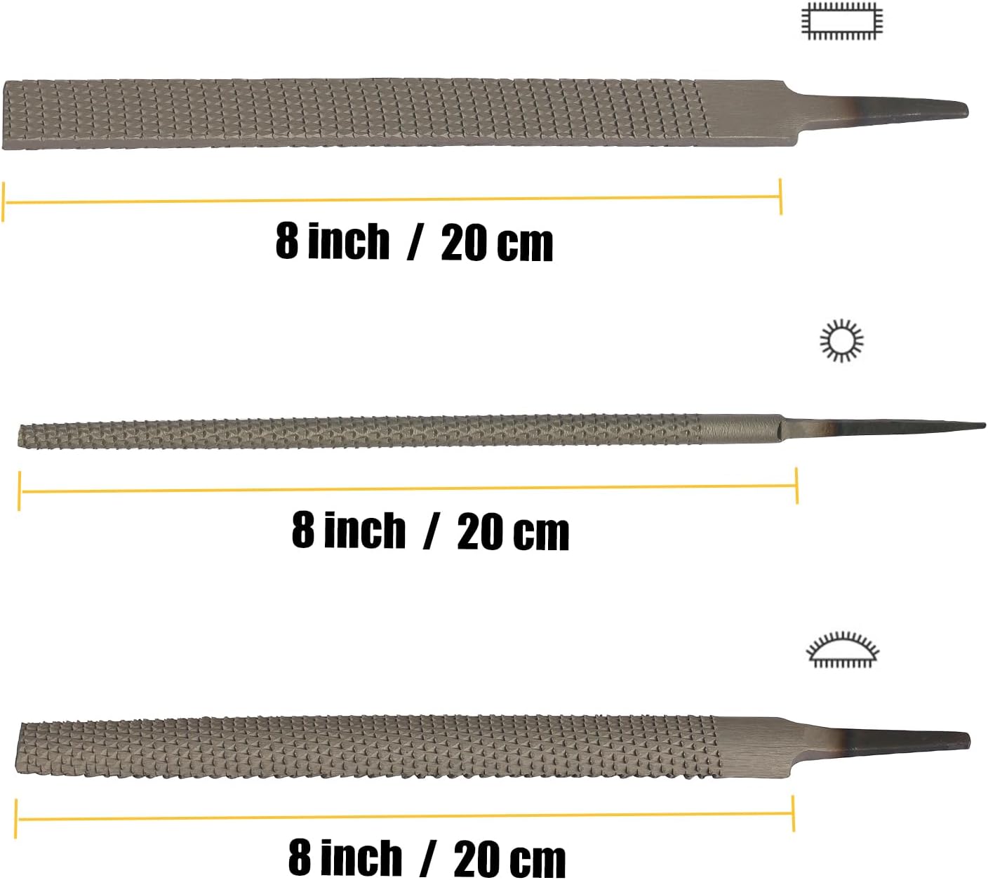 TARIST 3-Piece 8" Wood Rasp File Set, Includes Flat/Half-Round/Round. For Woodworking & Sharping Wood