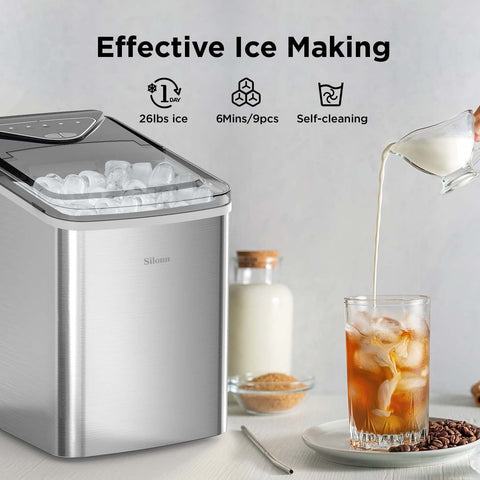 Silonn Ice Makers Countertop, 9 Cubes Ready in 6 Mins, 26lbs in 24Hrs, Self-Cleaning Ice Machine with Ice Scoop and Basket, 2 Sizes of Bullet Ice, Stainless Steel