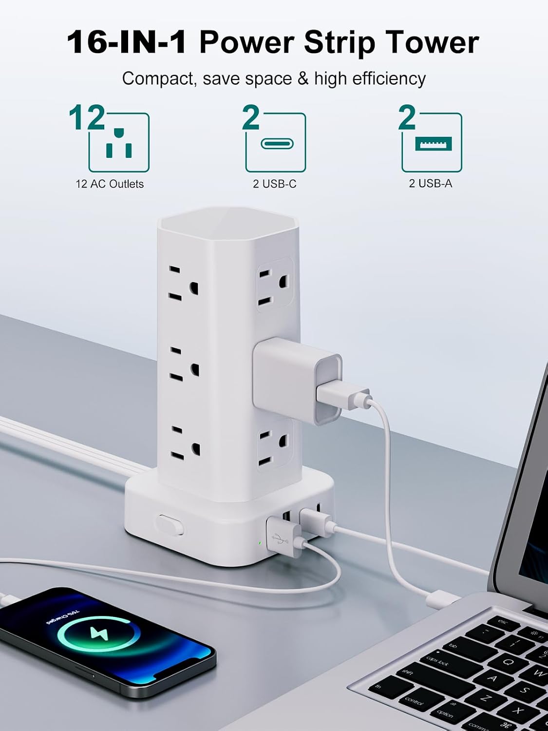 Power Strip Tower Surge Protector, 10FT Flat Plug Extension Cord with Multiple Outlets, 12 AC Outlets 4 USB (2 USB C), Desktop Charging Station with Surge Protection for Home Office Dorm Room, White