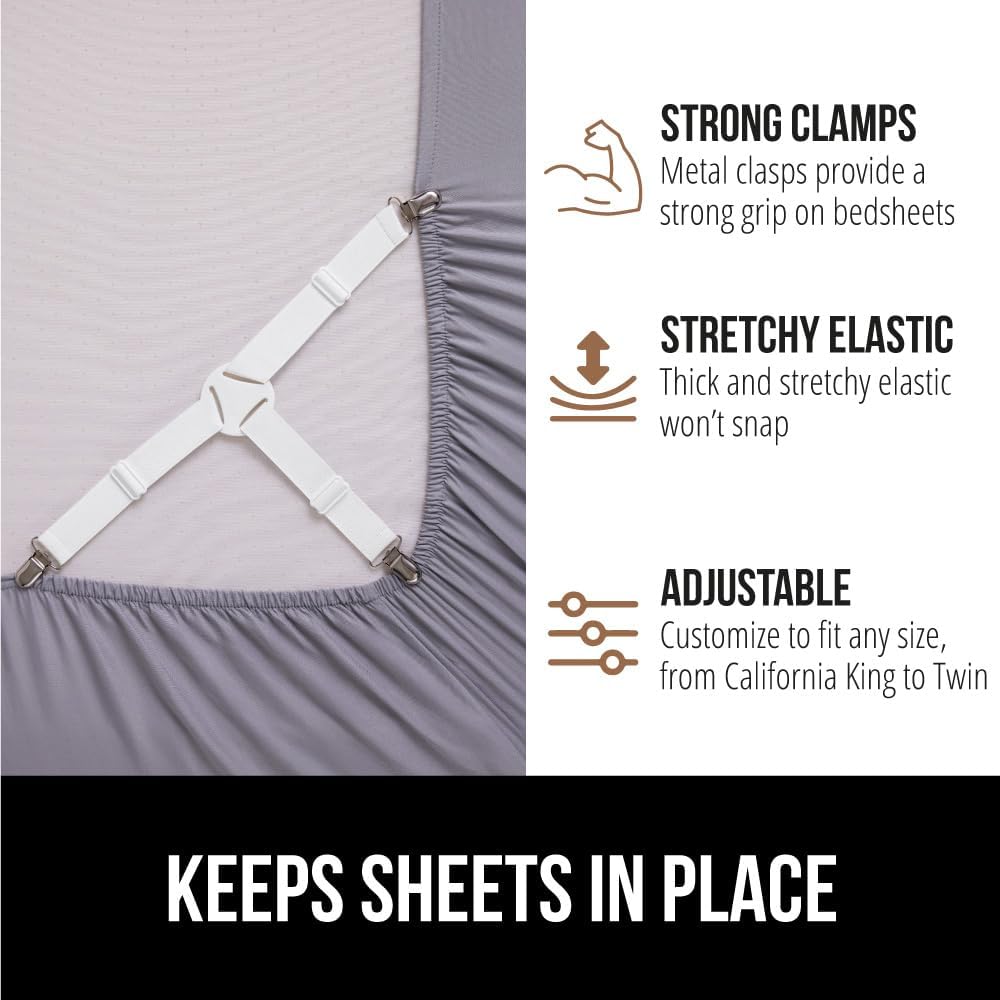 GORILLA GRIP Patented Fitted Bed Sheet Holders for Corners, 4 Pack White