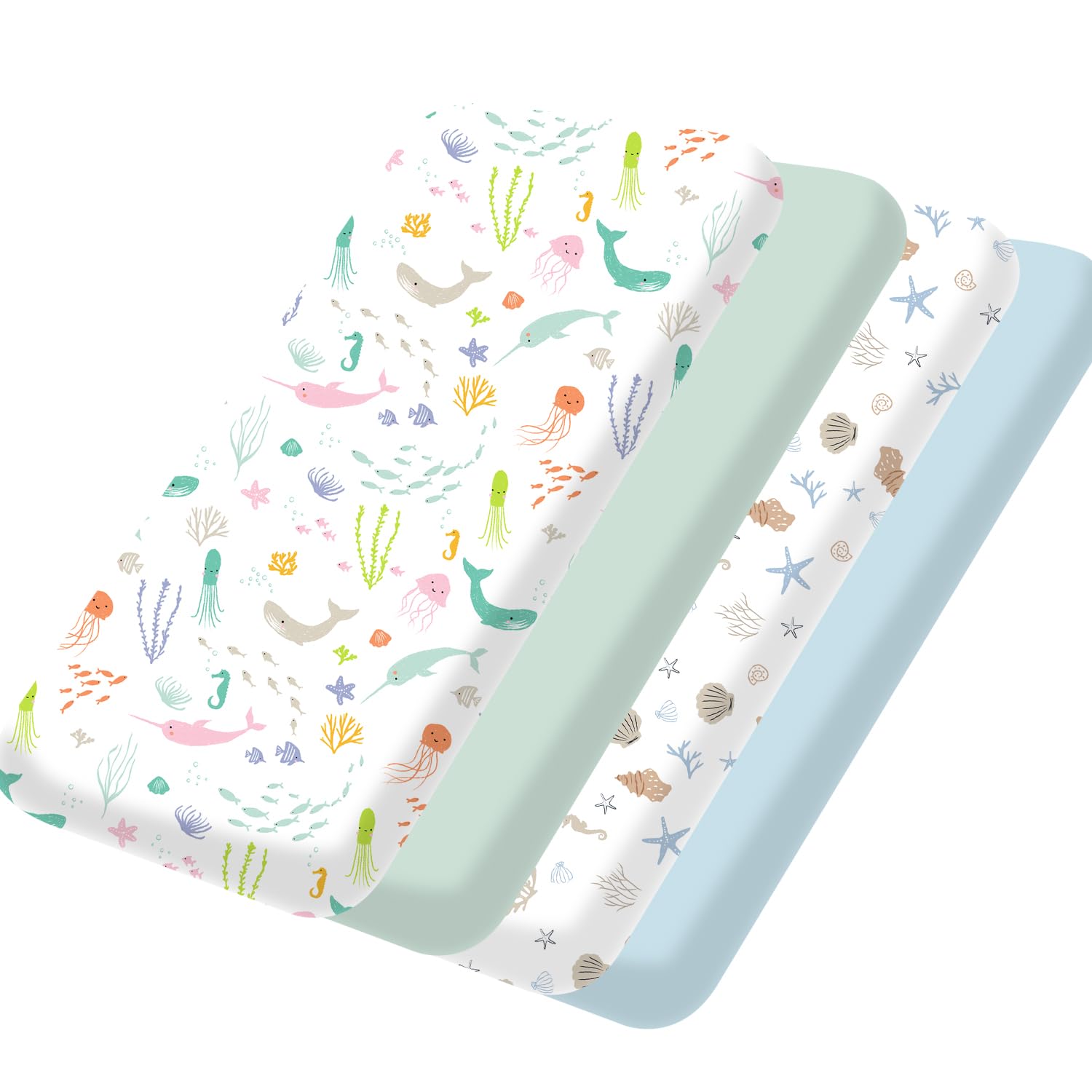 Bimocosy Pack and Play Sheets Fitted 4 Pack, 38 x 26 Inch Pack n Play Mini Crib Sheets for Boys and Girls, Soft Stretchy Playard Mattress Sheets for Graco Pack n Play, Ocean World