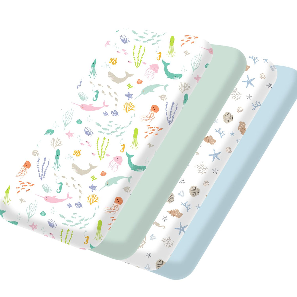 Bimocosy Pack and Play Sheets Fitted 4 Pack, 38 x 26 Inch Pack n Play Mini Crib Sheets for Boys and Girls, Soft Stretchy Playard Mattress Sheets for Graco Pack n Play, Ocean World