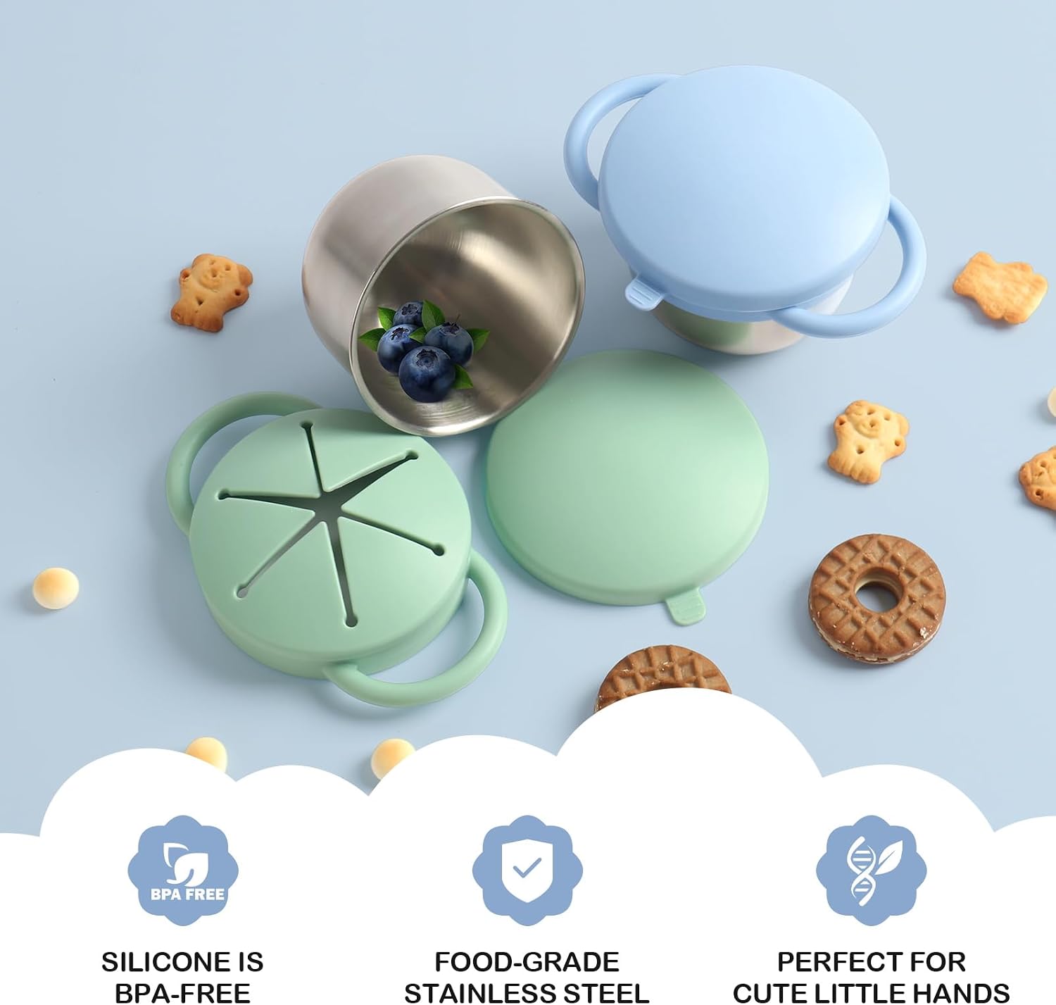 2 Pack Snack Cups for Toddlers Spill Proof - Detachable Stainless Steel Toddler Snack Cups with Silicone Lids & Handles - Dishwasher Safe Snack Container for Mess-Free Snacking（Blue-purple and Green)