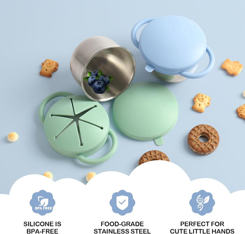 2 Pack Snack Cups for Toddlers Spill Proof - Detachable Stainless Steel Toddler Snack Cups with Silicone Lids & Handles - Dishwasher Safe Snack Container for Mess-Free Snacking（Blue-purple and Green)