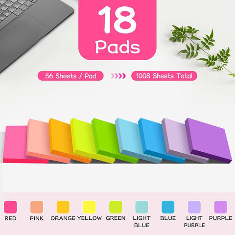 (18 Pads) Sticky Notes 3x3 inch, 9 Bright Colors Self-Stick Pads