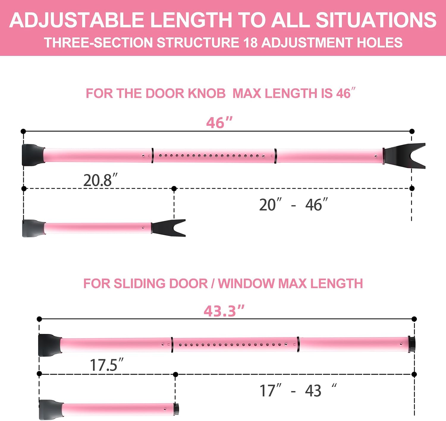 Rerishom 2 Pack Door Security Bar, Heavy Duty Door Stopper Jammer, Pink