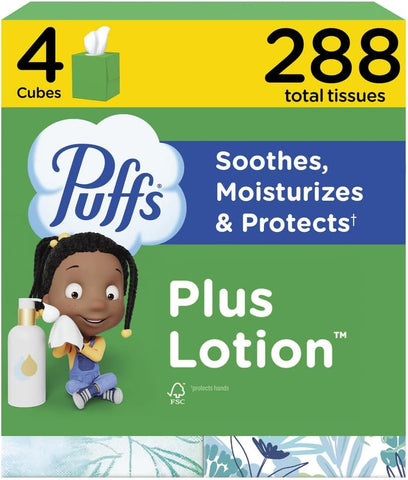 Puffs Facial Tissues Plus Lotion, 4 Mega Cube Boxes, 72 Facial Tissues per Box, Allergies and Colds (Packaging May Vary)