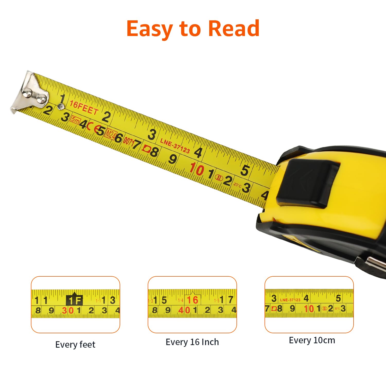 Amazon Basics Self-Locking Tape Measure with Belt Clip, 16-Feet (5-Meters), Inch/Metric Scale, MID Accuracy, Black, Yellow