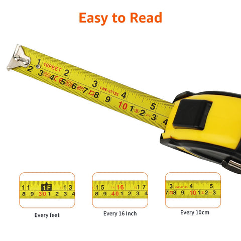 Amazon Basics Self-Locking Tape Measure with Belt Clip, 16-Feet (5-Meters), Inch/Metric Scale, MID Accuracy, Black, Yellow