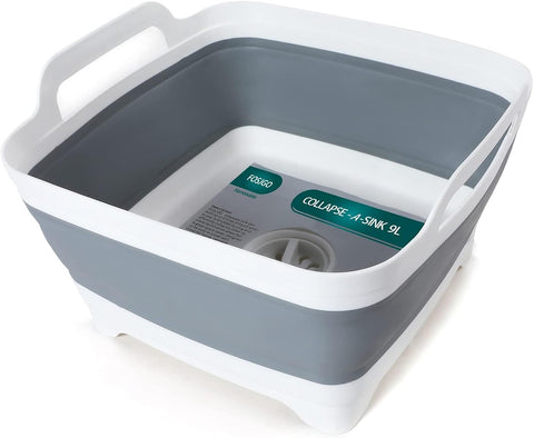 FOSJGO Collapsible Dish Basin with Drain Plug, Foldable Sink, 2.4 Gal (9L)