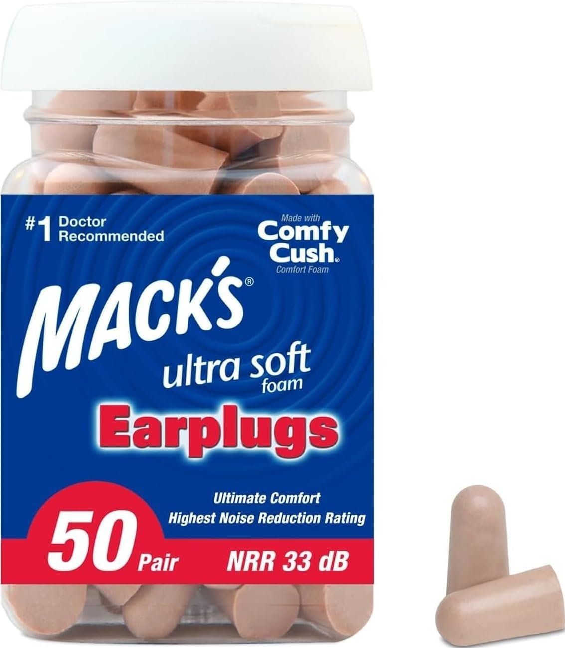 Mack's Ultra Soft Foam Earplugs, 50 Pair - 33dB Highest NRR | Made in USA
