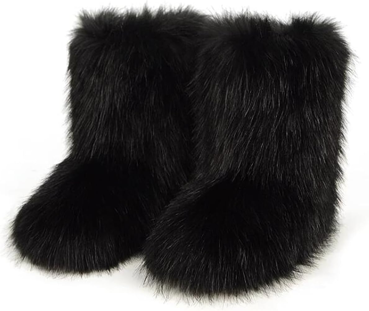 QMFUR Women's Furry Faux Fur Boots Fuzzy Fluffy Mid Calf Snow Boots Suede Warm Fur Lined Booties Flat Fashion Boots