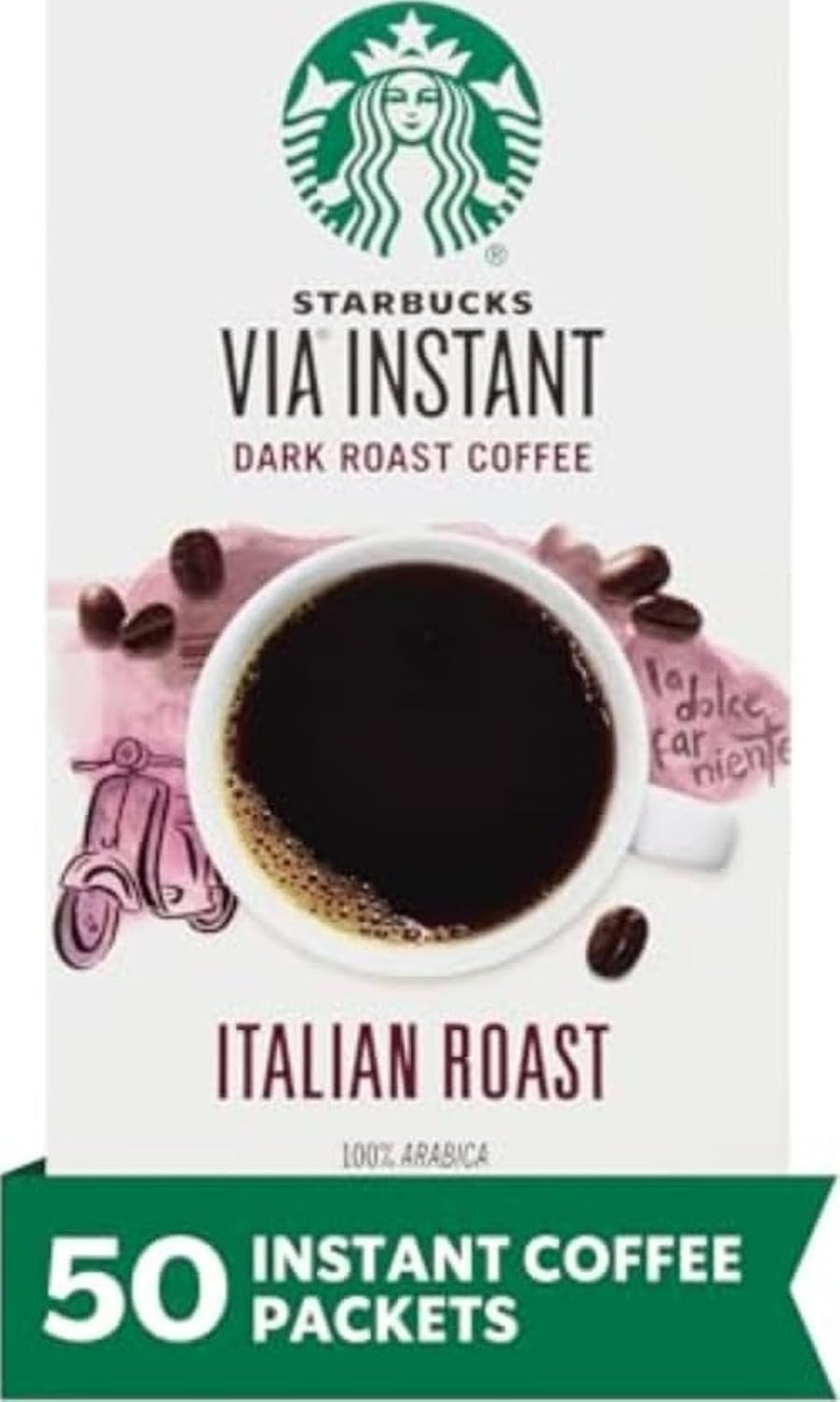 Starbucks VIA Instant Coffee, Dark Roast Coffee, Italian Roast, 100% Arabica, Single-Serve, 1 Box (50 Packets) | 100% Arabica instant coffee packets; Italian Roast dark roast; 1 box, 50 packets