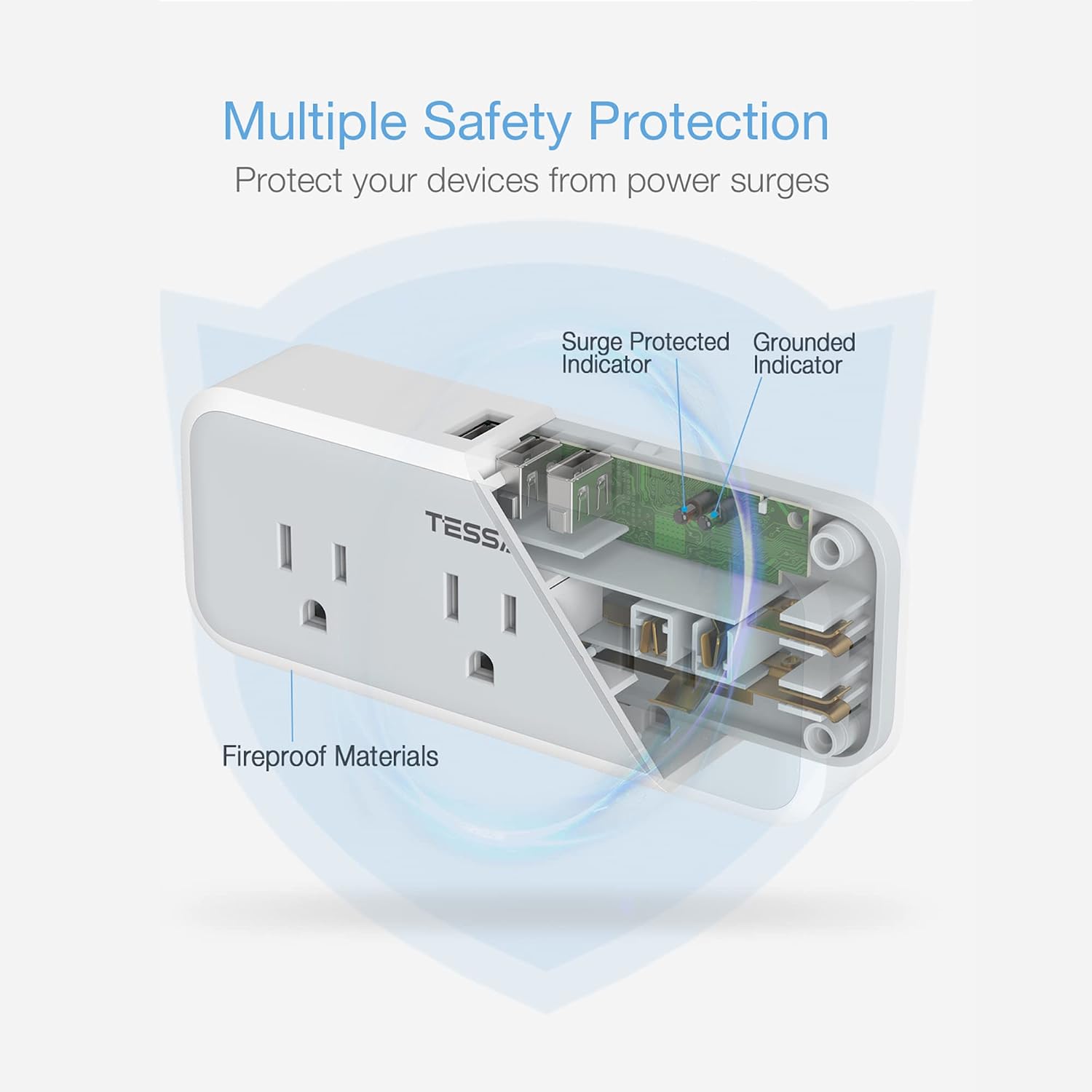 TESSAN Multi Plug Outlet Extender, USB C Wall Charger, Surge Protector,Grey