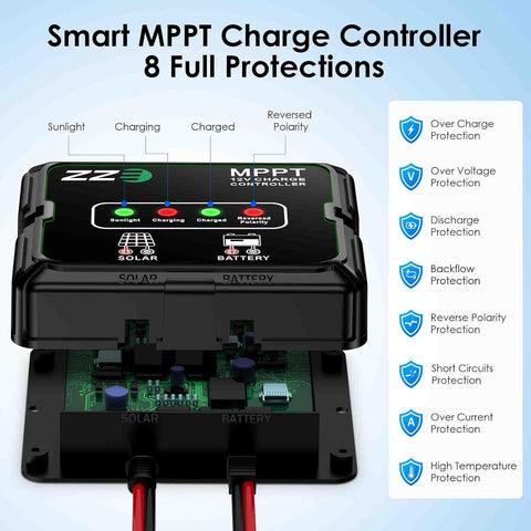 Solar Powered Battery Charger Trickle Maintainer, 20W 12V Solar Panel Kits MPPT Charge Controller with 8 Protections Function IP68 Waterproof for RV Trailer Marine Car Motorcycle (1, Black)