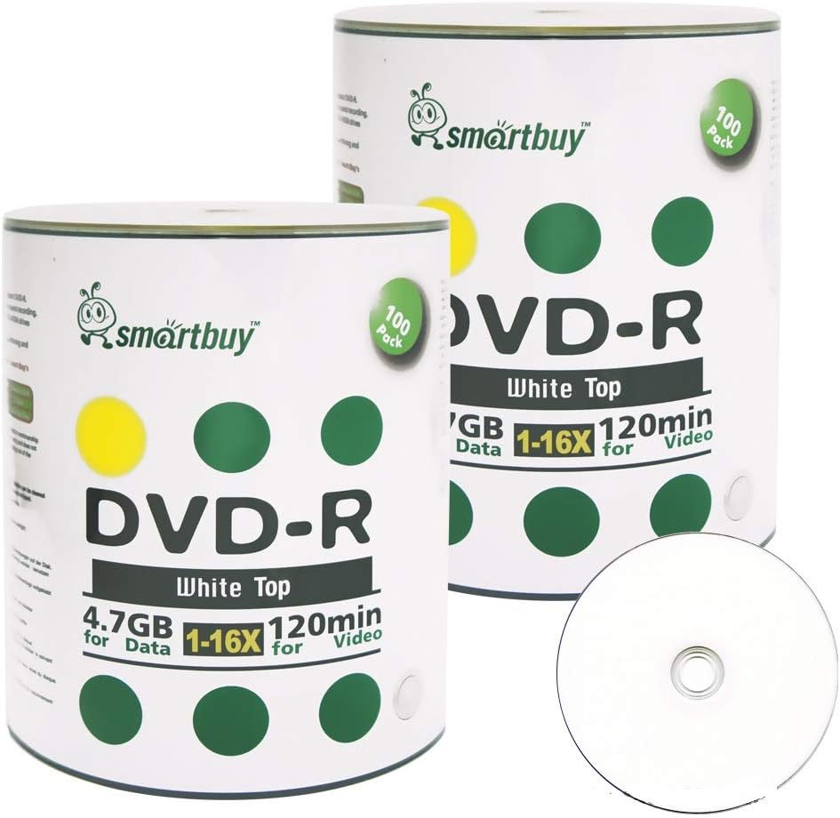 Smartbuy 200-disc 4.7gb/120min 16x DVD-R White Top Blank Recordable Disc