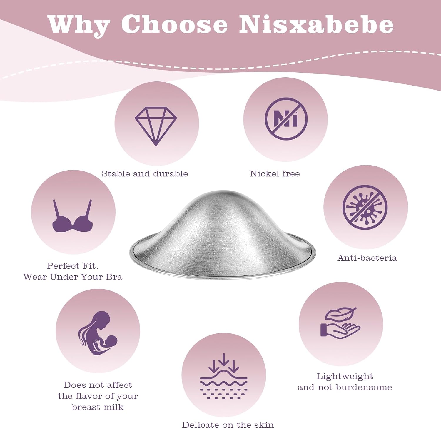 NISXABEBE The Original Silver Nursing Cups with Silicone Ring,Nipple Shields for Nursing Newborn,Breastfeeding Must Haves for Soothe and Protect Your Nursing Nipples,Trilaminate 999 Silver(X-Large)