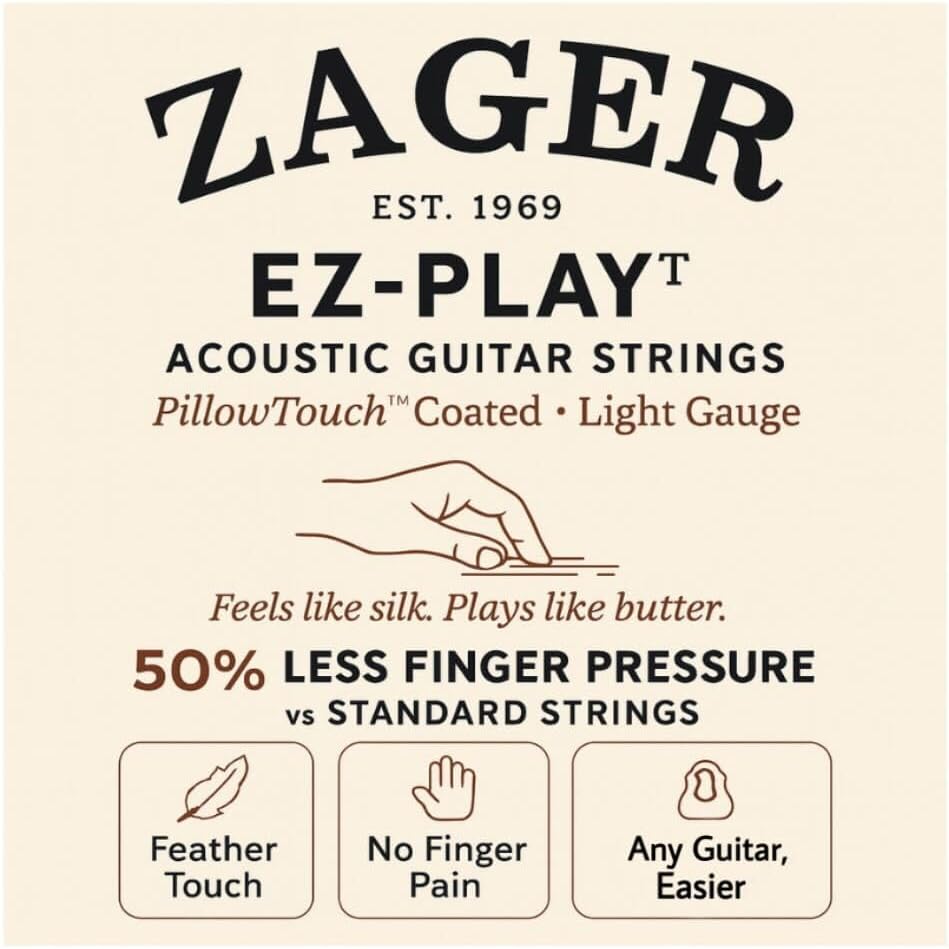 Zager Easy Play Acoustic Guitar Strings – Fits Martin, Taylor, Yamaha, Fender & Gibson Guitars – Easy on Fingers, Anti-Rust, Warm Rich Tone