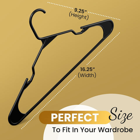 Our Modern Space 100 Pack Adult Plastic Hanger for Shirt Pants Coats Dresses Skirts Suits Jackets - Standard Thick Coat Hanger - Sturdy & Durable Design with Shoulder Grooves Hook - Black