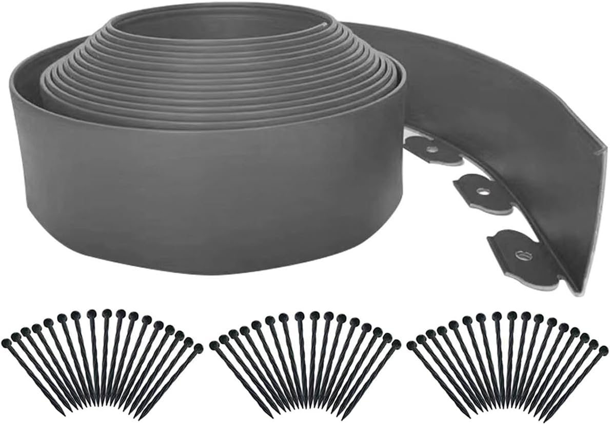 Landscape Edging 33FT,Garden Edging Borders [Extra Tall 4IN High] Flexible Lawn Edging Kit with Total 50pcs Stakes,Mini Plastic Fence Edge Used for Yard,Flowerbeds,Landscaping,Grass,Tree -Grey