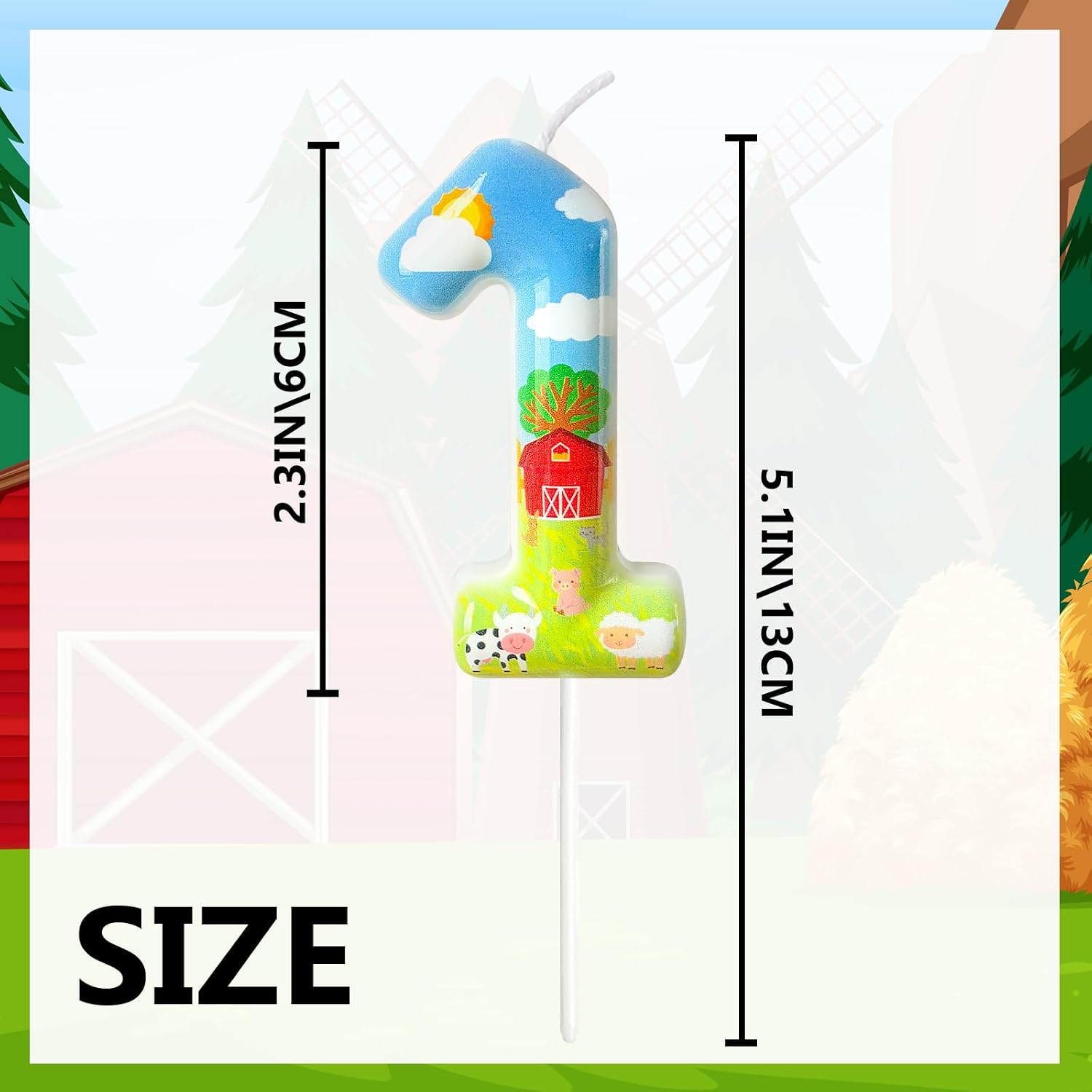 Farm Theme Number 1 Birthday Candle, Barnyard Cake Topper for Boys Girls, Farm Party Cake Decoration