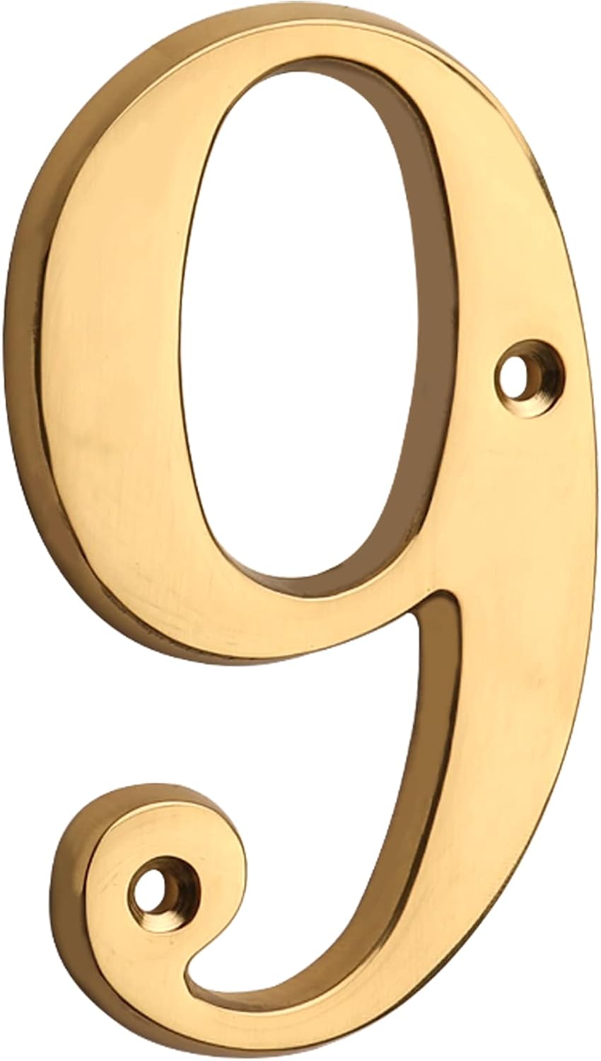 HASWARE House Number Sign 4 inch (10 cm) Polished Brass Finish Stylish Curvy Modern Door Numbers Signage Plaque Street Home Address Numerals(9, Brass)