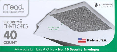 Mead #10 Envelopes, Letter Size, 4-1/8" x 9-1/2", Security Printed Lining for Privacy, Gummed Closure, Windowless, White All-Purpose for Home & Office Mail, 40 Count (75214)