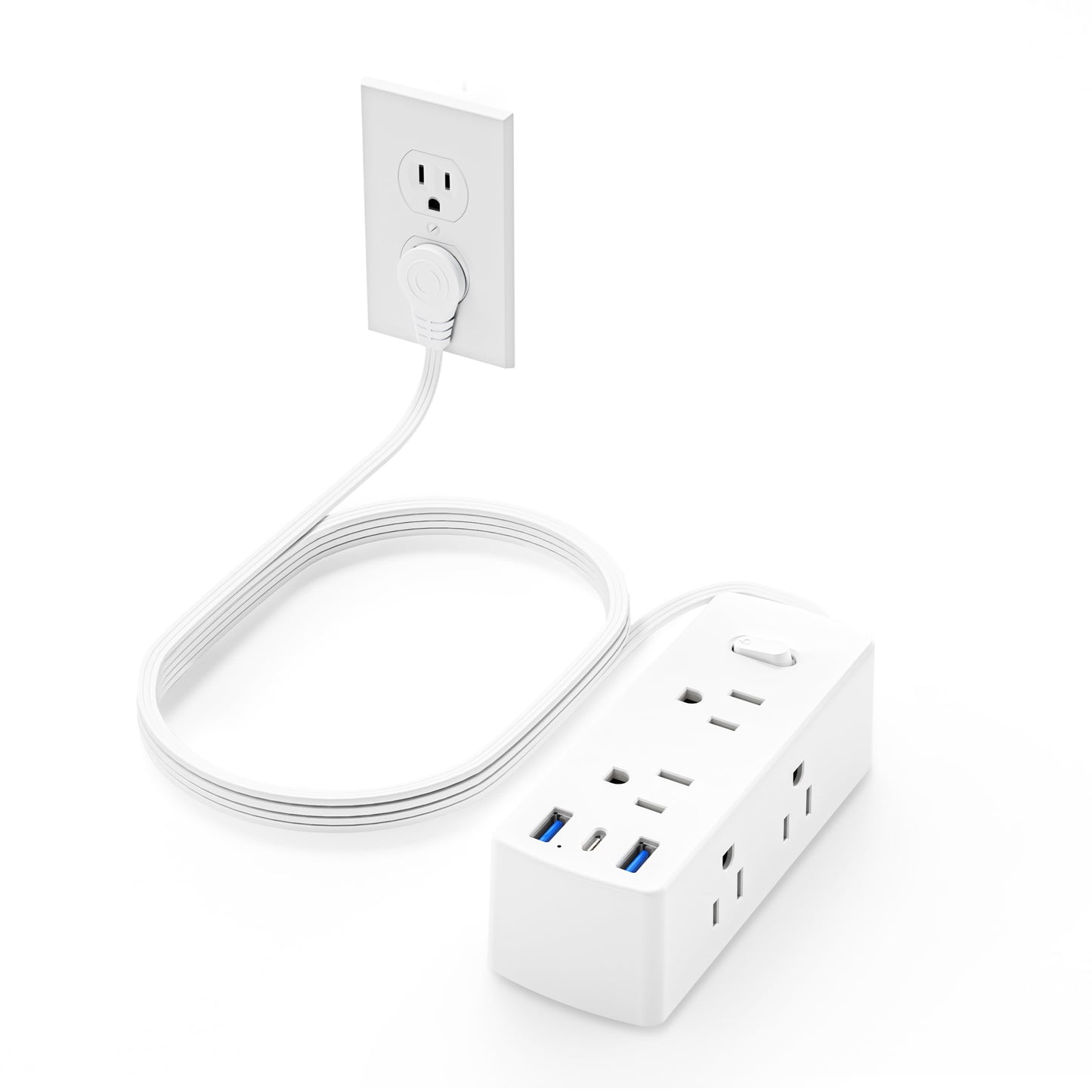 Flat Plug Power Strip, Olcorife Flat Extension Cord 5ft, 6 Outlets 3 USB Ports(1 USB C), 3-Side Outlet Extender Surge Protector for Home Office Travel Dorm Room Essentials, White